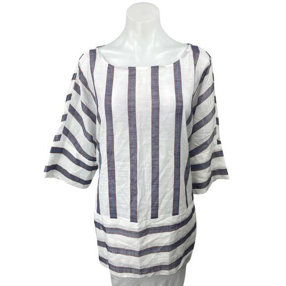 Banana Republic White Striped 3/4 Sleeve Oversized Boho Shirt Blouse Top Tunic L - Picture 1 of 4